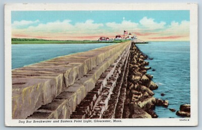 Postcard Dog Bar Breakwater Eastern Point Light Gloucester Massachusetts WB L1C