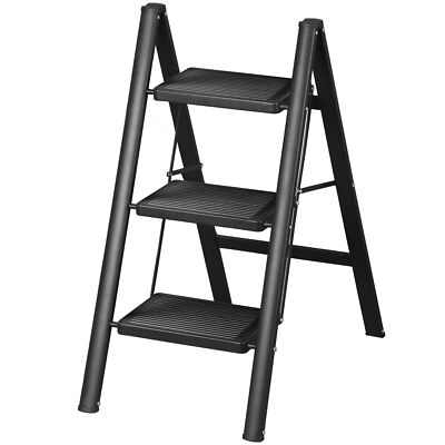 3 Step Ladder Steel Step Stools Safe & Sturdy with Wide Anti-slip Pedal Black