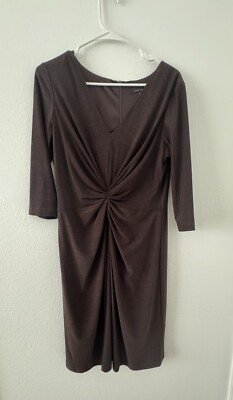 David Meister Brown 3/4 Sleeve Stretch Jersey Knit Ruched Dress Career Luxe 12
