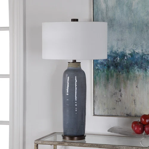 Classic Slate Blue Oil Rubbed Bronze Cylinder Lamp | White Shade Round Coastal - Picture 6 of 7