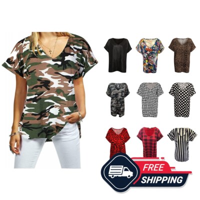 Womens V Neck Turn Up T-shirt Ladies Baggy Oversized Sleeve Loose Top UK 8-26