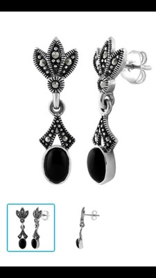 Sterling Silver Leaves Drop Oval Black Onyx Marcasite Earrings