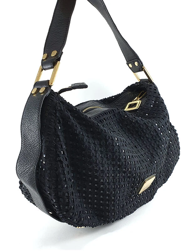 Studio Pollini Mujer Negro Tela Tejida Cuero Bolso Hobo Oro Hardware Italia - Imagen 4 de 4
