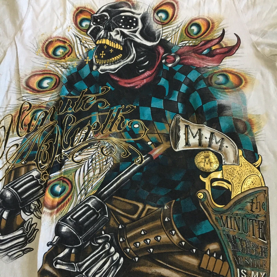 Minute Mirth Skull Men’s Brown Shirt Front Back Print Size Large - Image 2 of 4