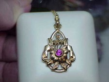 Collana antica oro 10 carati retrò art deco rubino filigrana ciondolo floreale J4110ABG