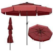 10 FT Solar Patio Umbrella w/ 32 LED Lights 3-Tier Vented Top  Ruffles Red