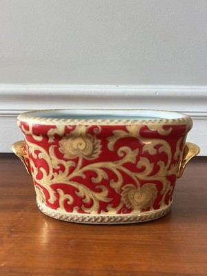 Vintage Amita Porcelain Red With Gold Trim Handles Planter Vase