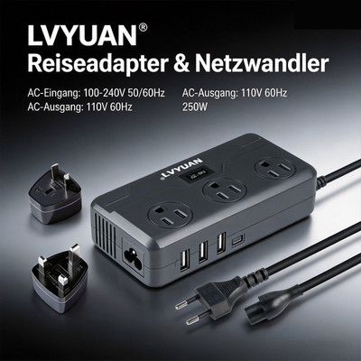 250W Spannungswandler 230V 110V LCD Display,3x USB + USB C PD 3x US Steckdosen