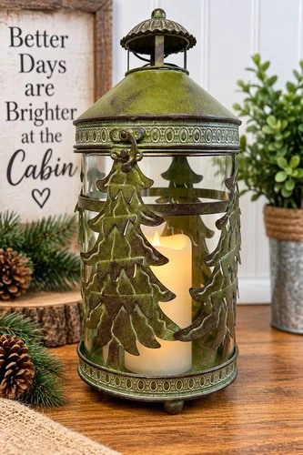 Martha Stewart Christmas Trees Rustic Metal Lantern Faux Candle LedLighted 14x4” - product listing photo