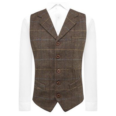Luxus Weste Walnussbraun Fischgrät Karo mit Revers, Tweed