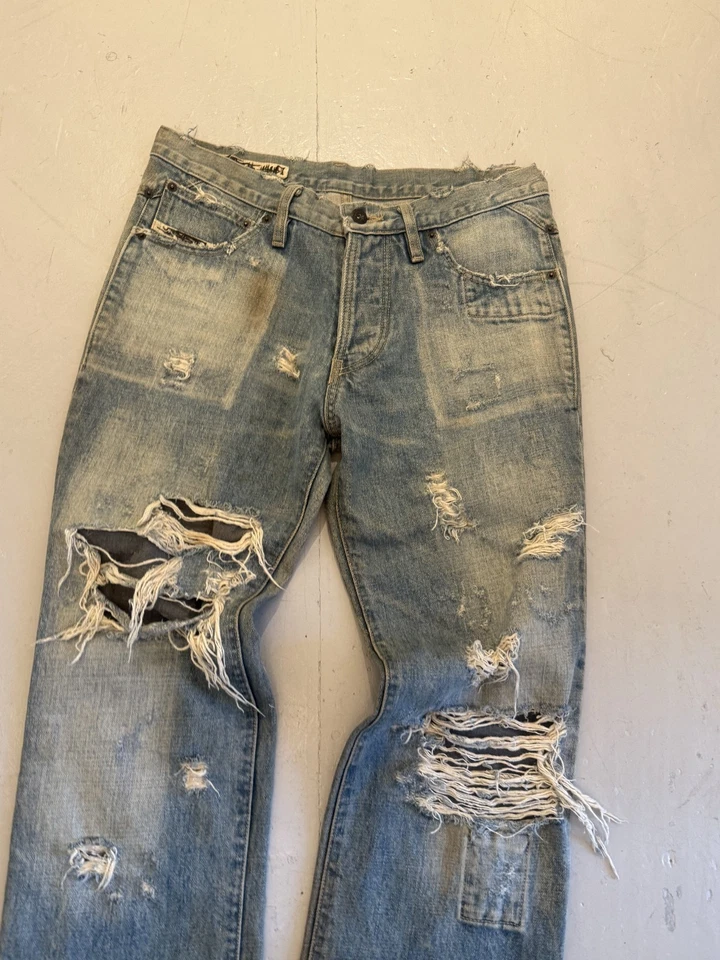 Thrashed Repaired Sun faded Japanese Designer Denim jeans size 32 worn in - Image 3 of 4