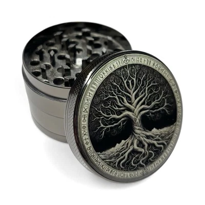 Runic Tree of Life 50mm Magnetic Grey Metal 4Part Tobacco Herb Grinder Crusher