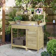 Potting Bench Table Garden Work Station with Metal Surface Cabinet Drawer Shelf