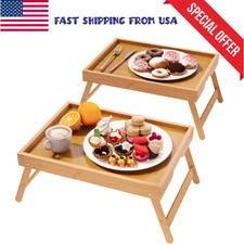 2 Pack Bamboo Bed Tray Table Folding Legs Breakfast Serving Laptop Snack Trays