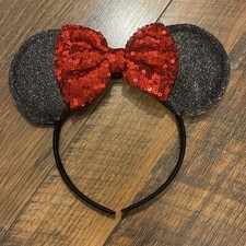 Sequin Mouse Ears Headband   Black Ears with Red Bow, Cute Costume Accessory
