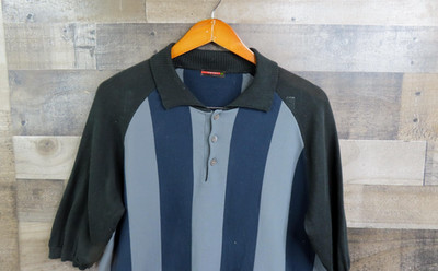 Prada Sweater Polo Mens Large Blue Gray Stripe Collared Knit Pullover Made Italy