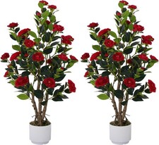 2 Pack Artificial Camellia Tree with White Pot, 38" Faux Potted Plants for