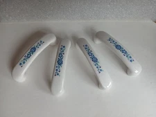 4 Porcelain Ceramic Pulls 3-3/4"L Vintage White Blue Flower Drawer Handles