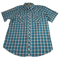 Wrangler Western Blue Teal Plaid Pearl Snap Shirt Men's XL Short Sleeve Cowboy