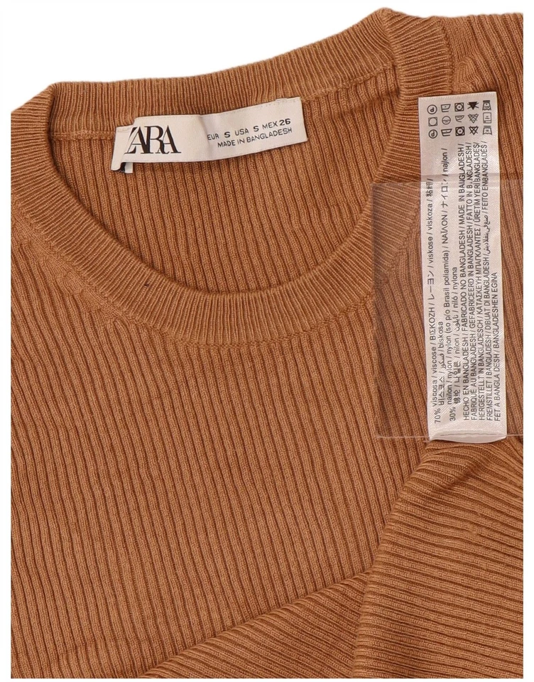 ZARA Womens 3/4 Sleeve Crop Crew Neck Jumper Sweater UK 8 Small Brown DG04 - Image 3 of 3