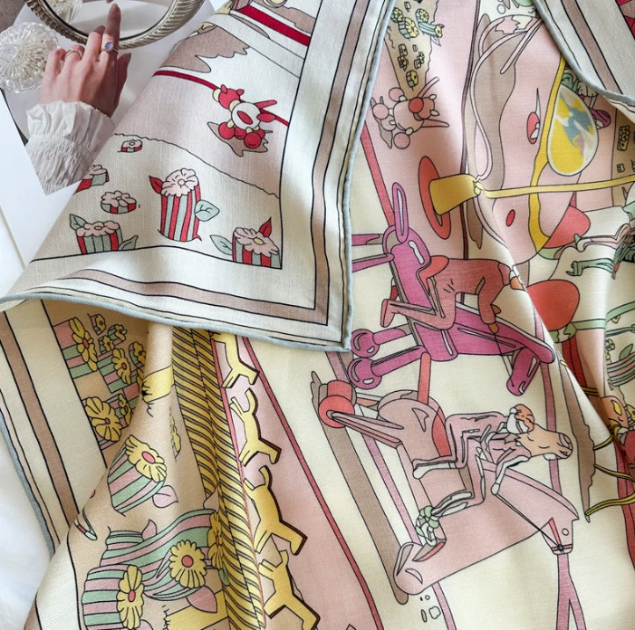 70% Cashmere 30% Silk Wrap Scarf Pink horse Print Double Face Print Shawl 53'' - Image 3 of 4