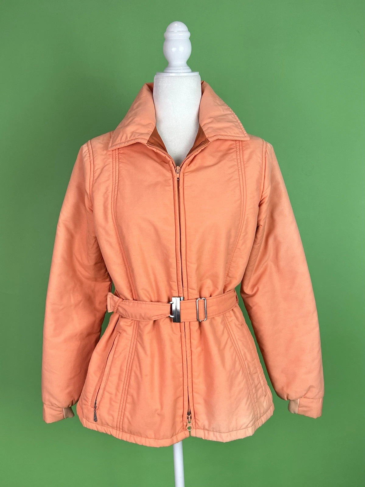 Vintage 70s Pastel Orange Belted Snow Ski Jacket Reversible-ish - Size Small