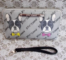 BETSEY JOHNSON WALLET or WRISTLET, Gray Frenchie Bulldog Print Zip Around