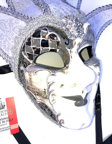 SILVER JOKER VENEZIA CARNIVAL VENETIAN MASQUERADE MASKS MARDI GRAS Made In Italy - Picture 3 of 4