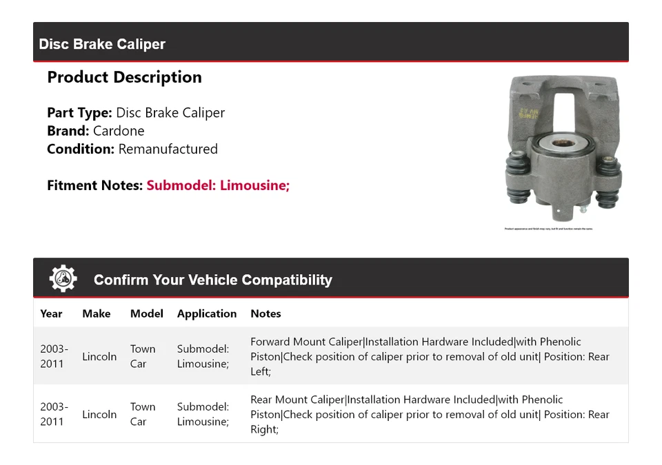 Pinza de freno de disco Cardone 2004 2005 para Lincoln Town Car Limusina 2003-2011 Foto 2 de 4