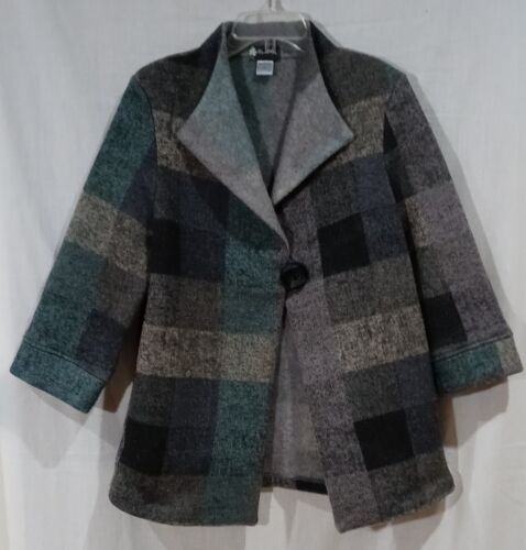 Damee Inc Coat Jacket  Grays/Turquois Wide Collar SIZE Big Huge Button Closure - Photo 1 sur 8