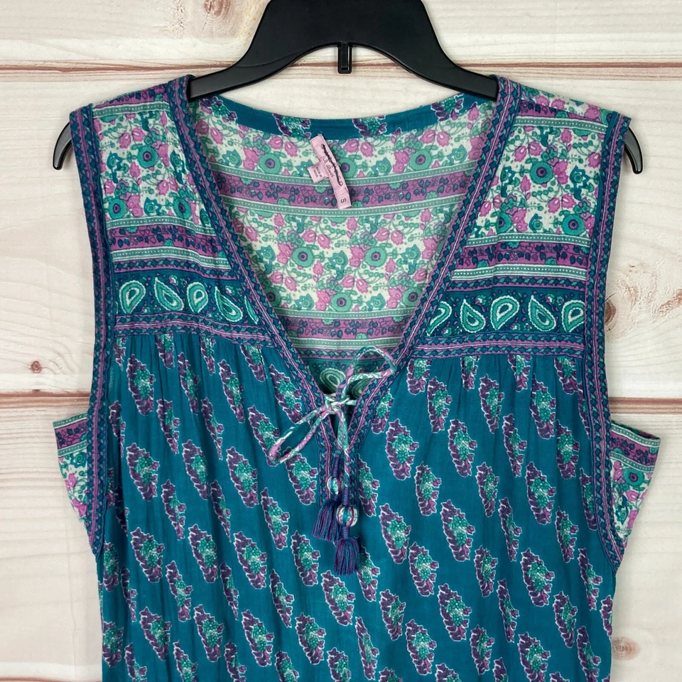 Vestido Calypso St Barth Mujer S Verde Floral Mini Cuello en V Sin Mangas Cintura Ajustada Foto 2 de 4