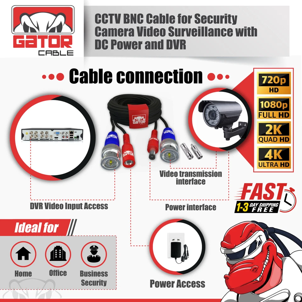CCTV BNC Video Power Extension Cable For Security Camera DVR System HD - Image 2 of 4