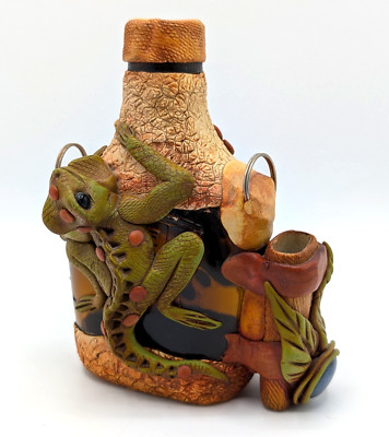 Costa Rica Clay And Glass Liquor Bottle Empty w Lizard & Frog Costa Rican Colon