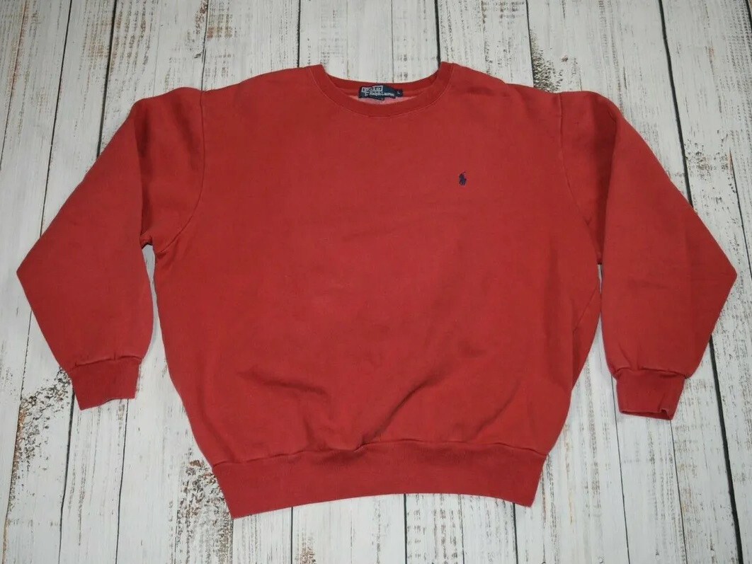PONY POLO VINTAGE RALPH LAUREN LARGE L ROSSA FELPA GIROCOLLO COTONE RICAMATO VINTAGE