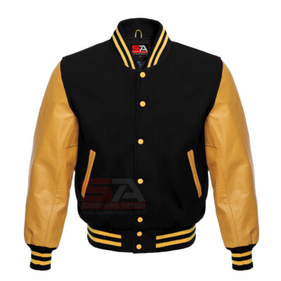 Varsity Men's Letterman Baseball Black Wool Genuine Gold Leather Sleeves Jacket