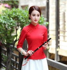 New Women's Chinese Style QiPao Cheongsam Tops Blouse Retro Buckle Slim T-shirt