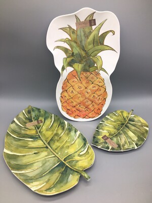 3pc Nicole Miller Pineapple Palms Melamine Serving Tray Set Tropical Gold Hawaii