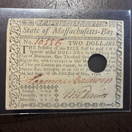 Massachusetts colonial currency Teo Dollars May 5 1780 Signed Holed Cancel - Picture 5 of 11