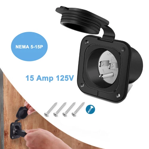 15A 125V AC Port Plug with 18" Integrated Extension Cord, Flanged Power Inlet US