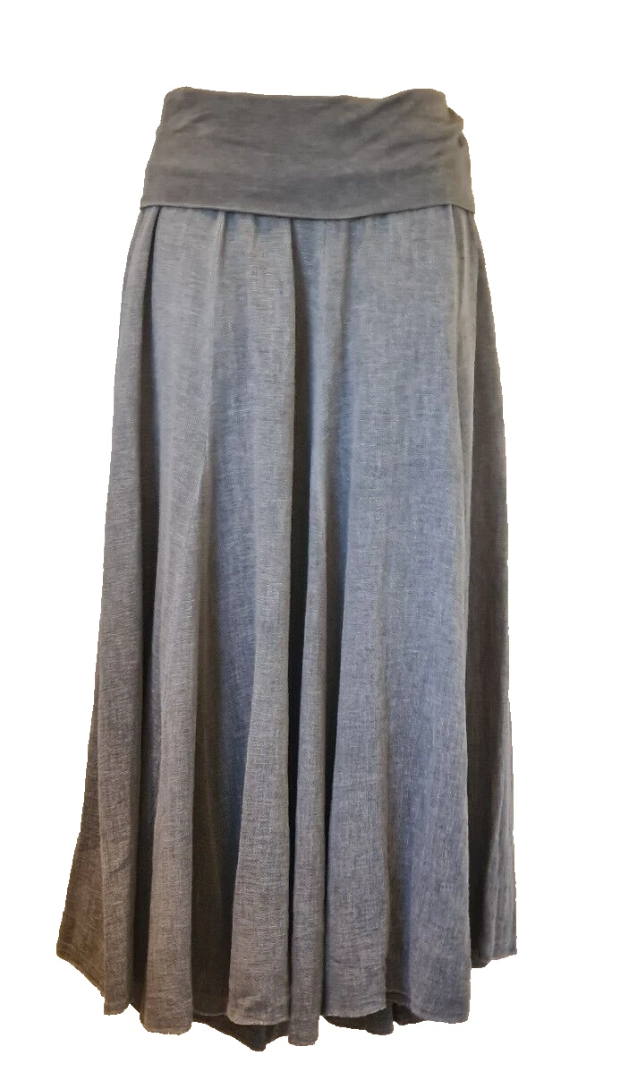 Italian Lagenlook Washed Linen Skirt High Waist Panel Grey One Size UK 8-14 New