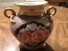 Antique Nippon Noritake M Wreath Vase Pink Roses Lavender Gold Tripod 5.5”