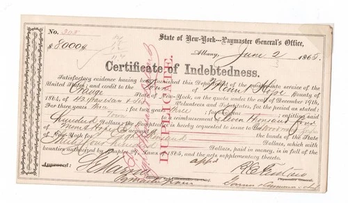 1865 Civil War New York Paymaster Document - Mount Hope, Orange County, NY