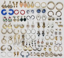 Large Mixed Earrings LOT 60+ Pairs Vintage Hoop Dangle Gold Silver Tone Costume