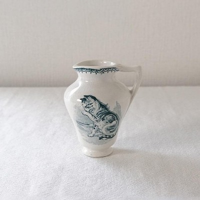French Creil Montreau Antique Cat Pitcher 7.9cm Glazed Blue-Green Used