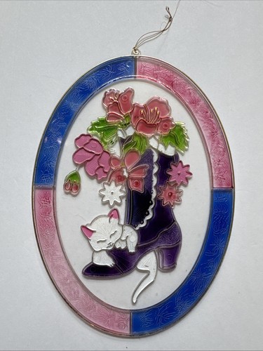 Vintage Kunststoff Oval Sonnenfänger Faux Buntglas Katze Eule Siegel 8,5x6,5" Set/3 - Bild 2 von 13