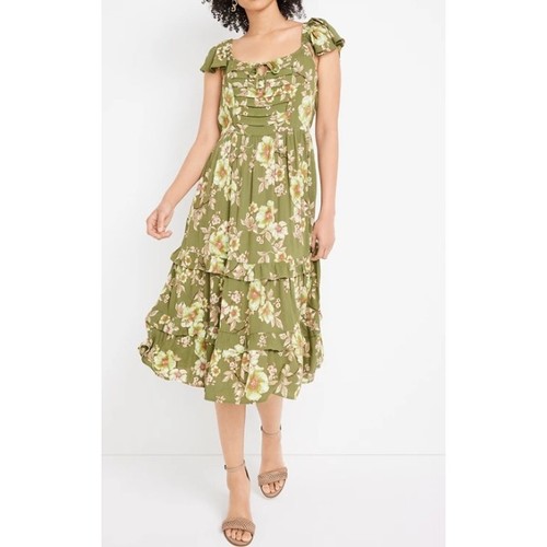 NEU Maurices SM grün Blumendruck quadratischer Ausschnitt Rüschen Maxikleid