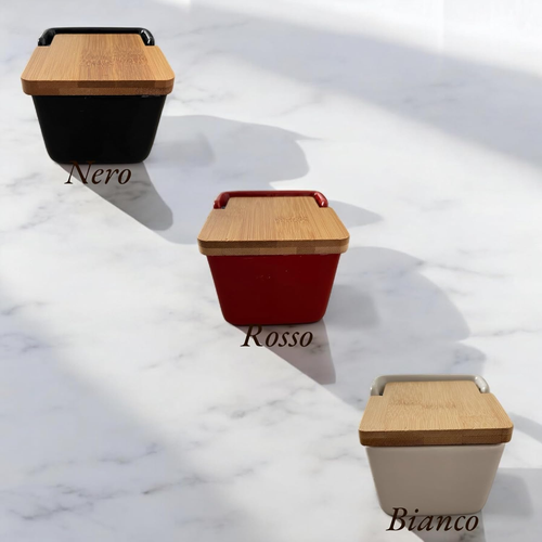 Contenitore Sale in Ceramica Con Coperchio in Bambù – Barattolo Quadrato 8,8X8,8 - Foto 9 di 12