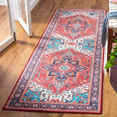 Washable Rug Tucson Collection - 2'6'' x 12' Runner, Red & Blue, Slip Resistan...