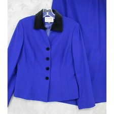 Kasper ASL Skirt Suit 8 Petite Wool Velvet Trim Button Midi Office Modest Blue