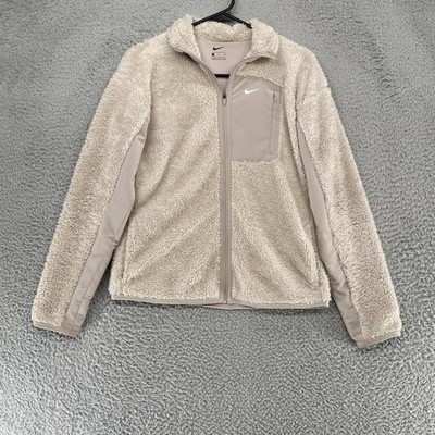 Nike Jacket Womens Small Beige Cream Sherpa Fleece Full Zip Teddy Chest Pocket